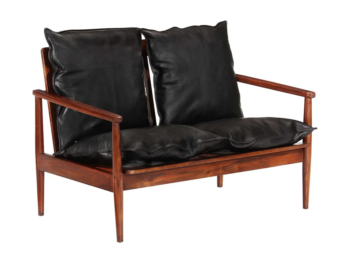 Divano 2 posti per soggiorno interno casa sedili in vera pelle nera e legno massello di acacia 02_0019111