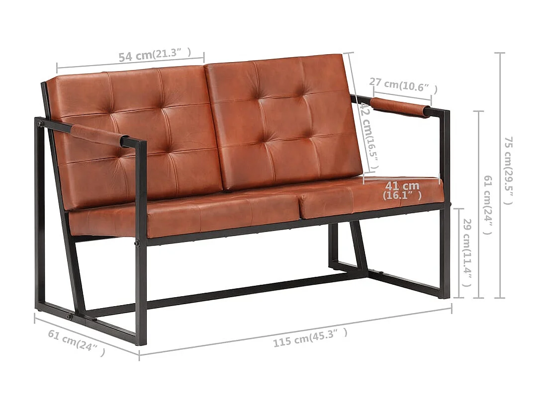 Canapé 2 places de cuir marron 115 x 61 x 75 cm 02_0020608