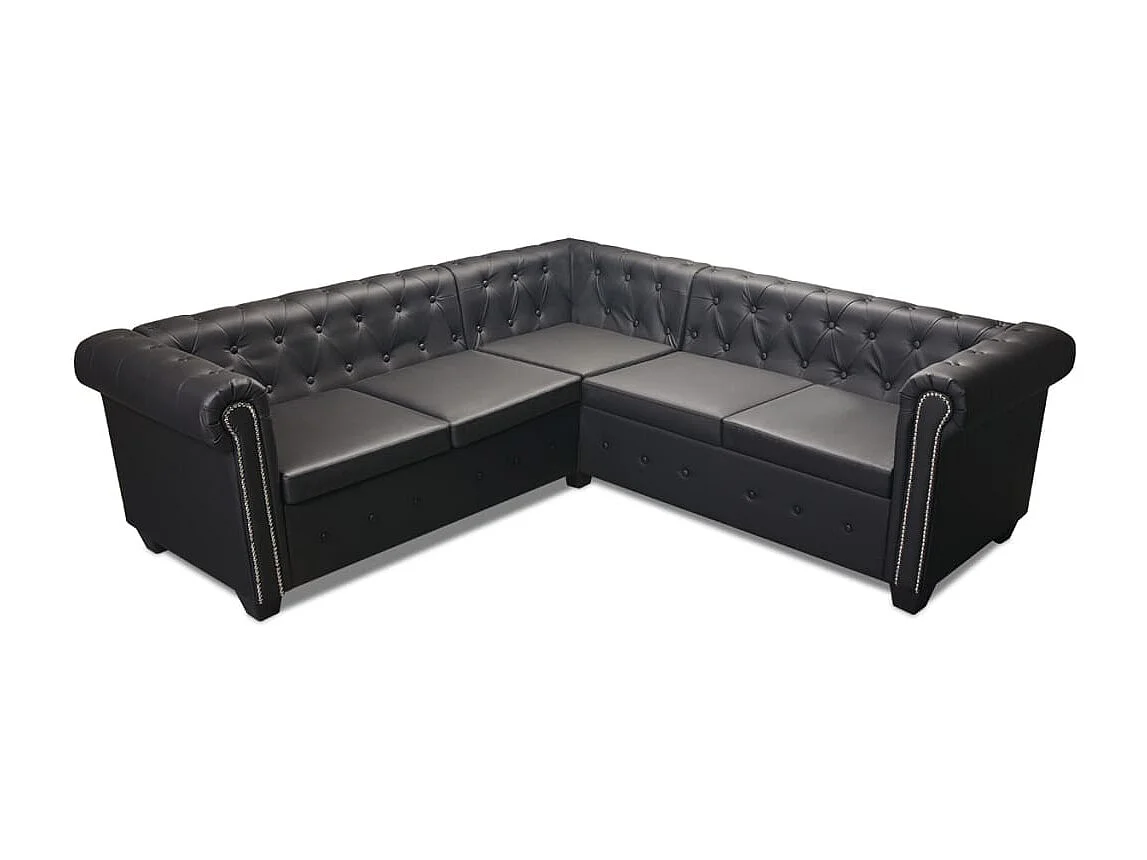 Sofá de canto Chesterfield de 5 lugares em couro sintético preto 02_0019699