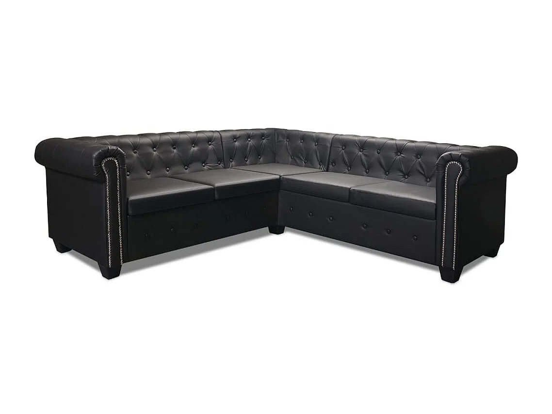 Sofá de canto Chesterfield de 5 lugares em couro sintético preto 02_0019699