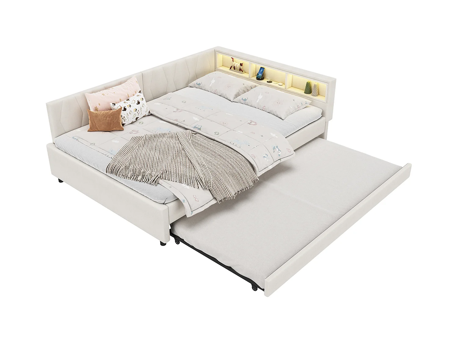 Kinderschlafsofa - 140 x 200 cm - Stauraum am Bett - mit USB + LEDs - mit Ausziehbett 90 x 190 cm - Leinen + MDF - Beige
