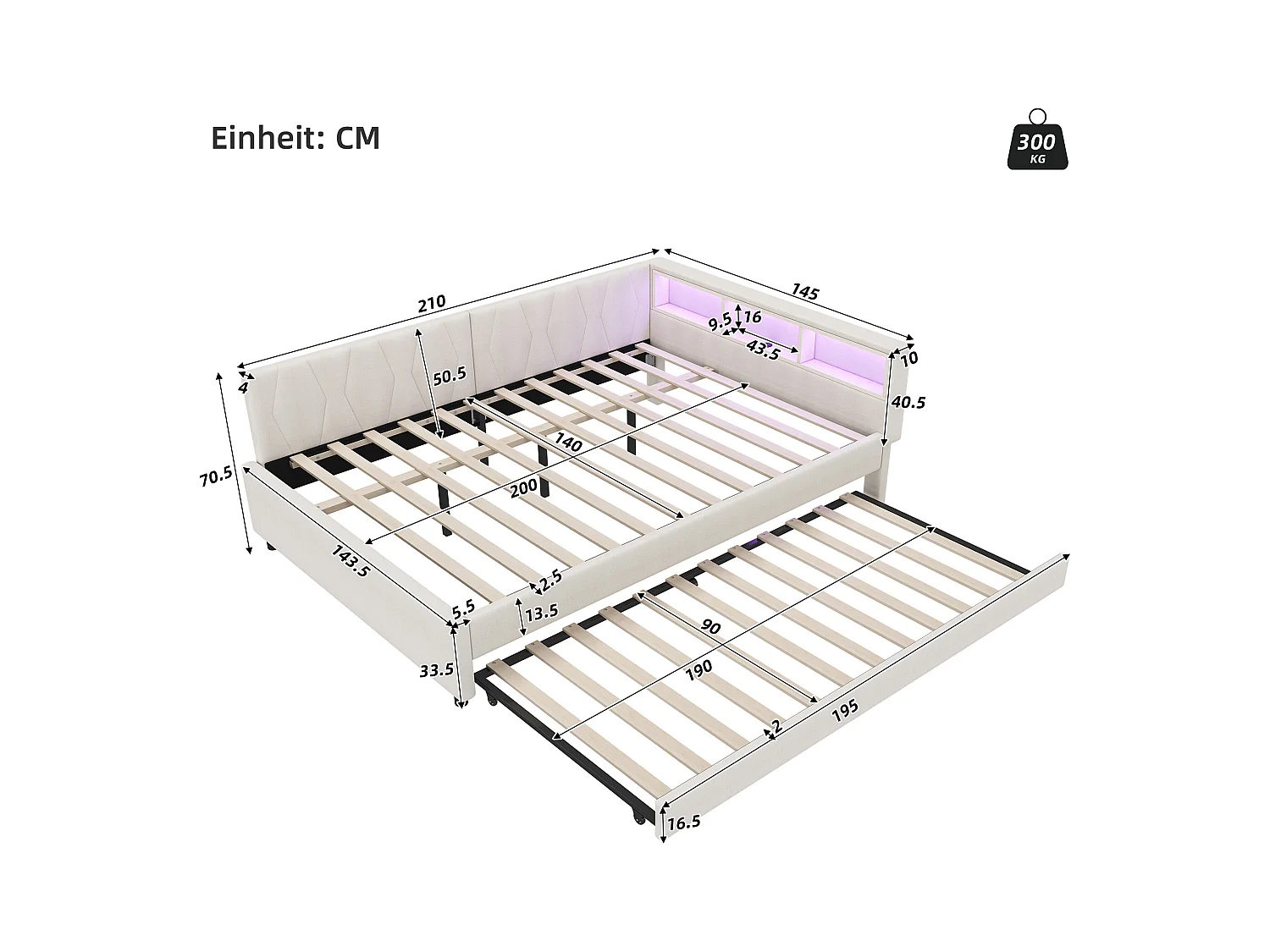 Kinderschlafsofa - 140 x 200 cm - Stauraum am Bett - mit USB + LEDs - mit Ausziehbett 90 x 190 cm - Leinen + MDF - Beige