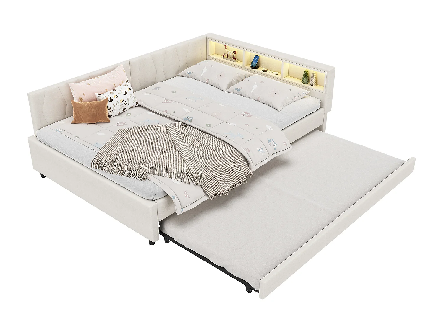 Canapé-lit enfant - 140 x 200 cm - rangements sur lit - avec USB + Leds - avec lit gigogne 90 x 190 cm - lin + MDF - beige