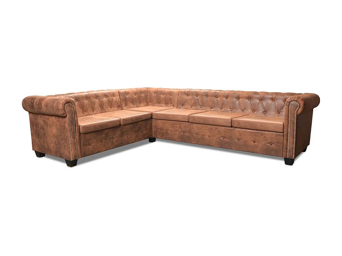 Sofá esquinero Chesterfield de 6 plazas en piel sintética marrón 02_0020241