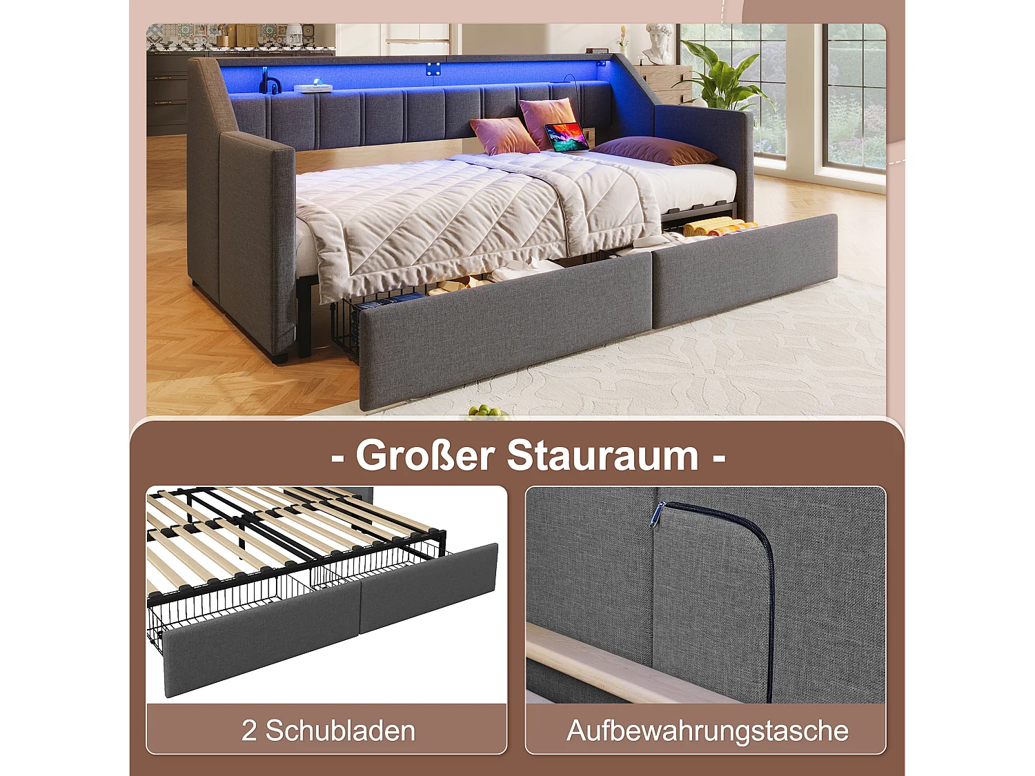 Uitschuifbare slaapbank - 90 x 200 cm - met USB + Type-C + LED's + 2 lades - linnen + MDF - grijs
