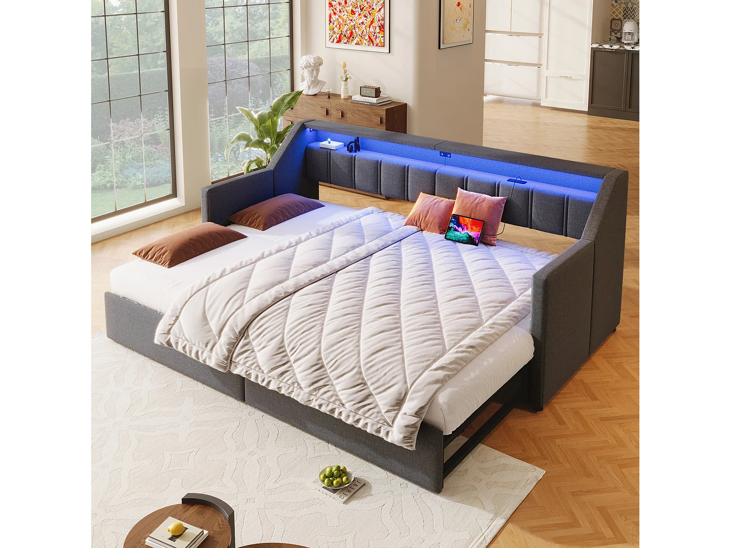 Uitschuifbare slaapbank - 90 x 200 cm - met USB + Type-C + LED's + 2 lades - linnen + MDF - grijs