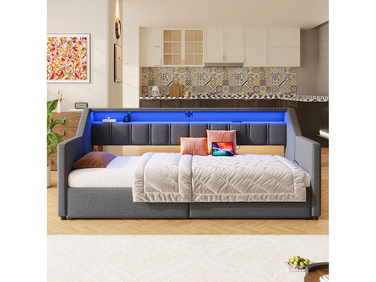 Uitschuifbare slaapbank - 90 x 200 cm - met USB + Type-C + LED's + 2 lades - linnen + MDF - grijs