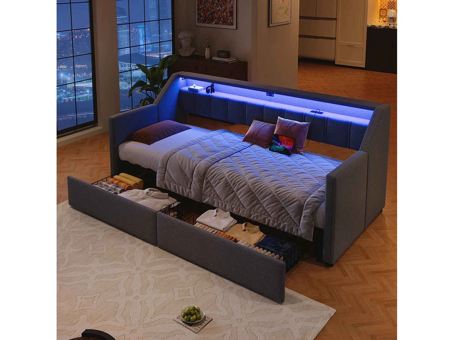 Uitschuifbare slaapbank - 90 x 200 cm - met USB + Type-C + LED's + 2 lades - linnen + MDF - grijs