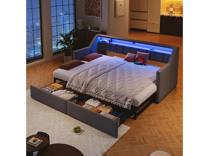 Uitschuifbare slaapbank - 90 x 200 cm - met USB + Type-C + LED's + 2 lades - linnen + MDF - grijs