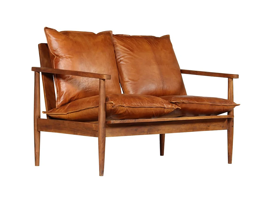 Divano a 2 posti per soggiorno arredamento per la casa in vera pelle con legno di acacia marrone 02_0019446