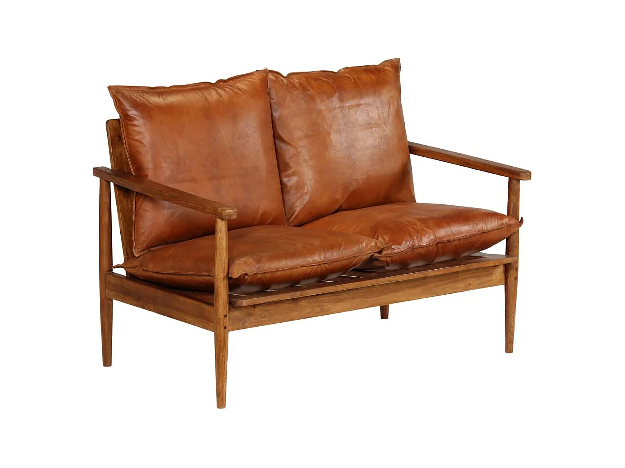 Divano a 2 posti per soggiorno arredamento per la casa in vera pelle con legno di acacia marrone 02_0019446