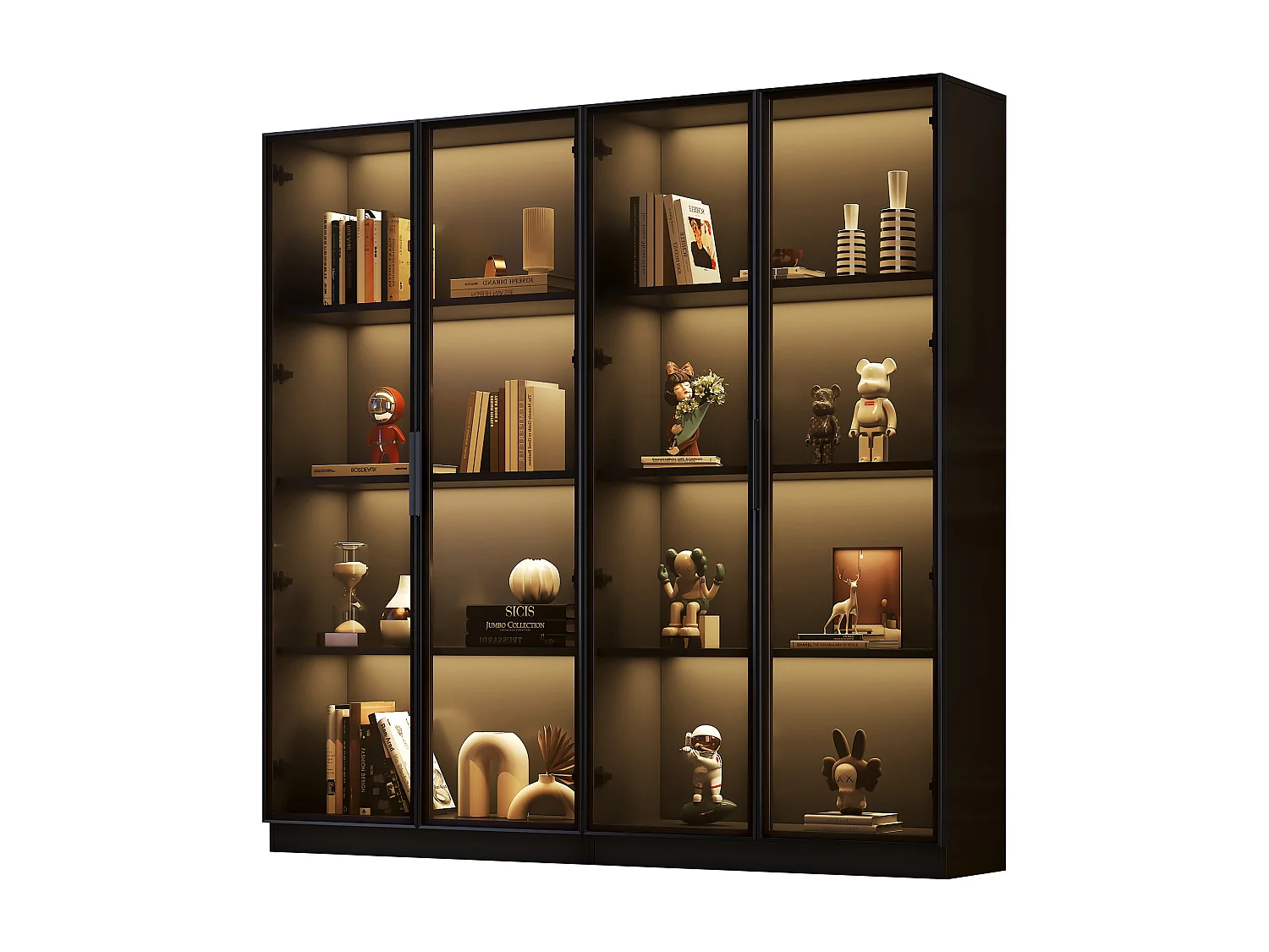 Vitrine en verre - 160 x 40 x 160 cm - avec Leds - rangement à 4 portes avec étagères mobiles - aggloméré - noir