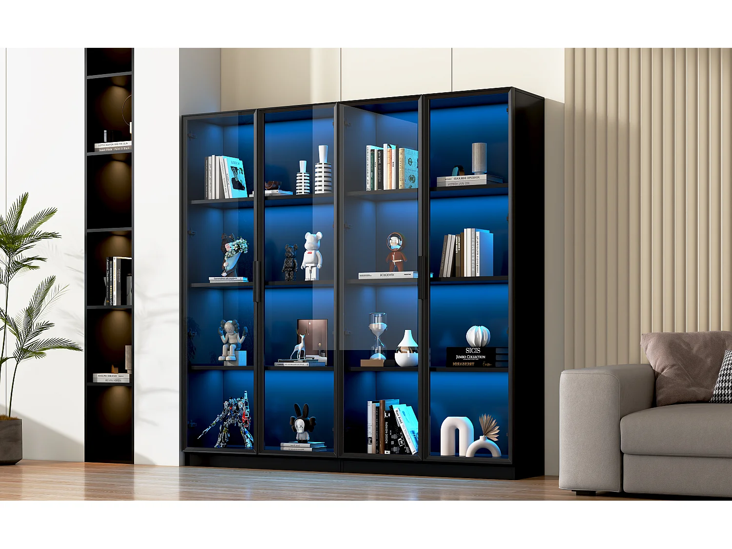 Vitrine en verre - 160 x 40 x 160 cm - avec Leds - rangement à 4 portes avec étagères mobiles - aggloméré - noir