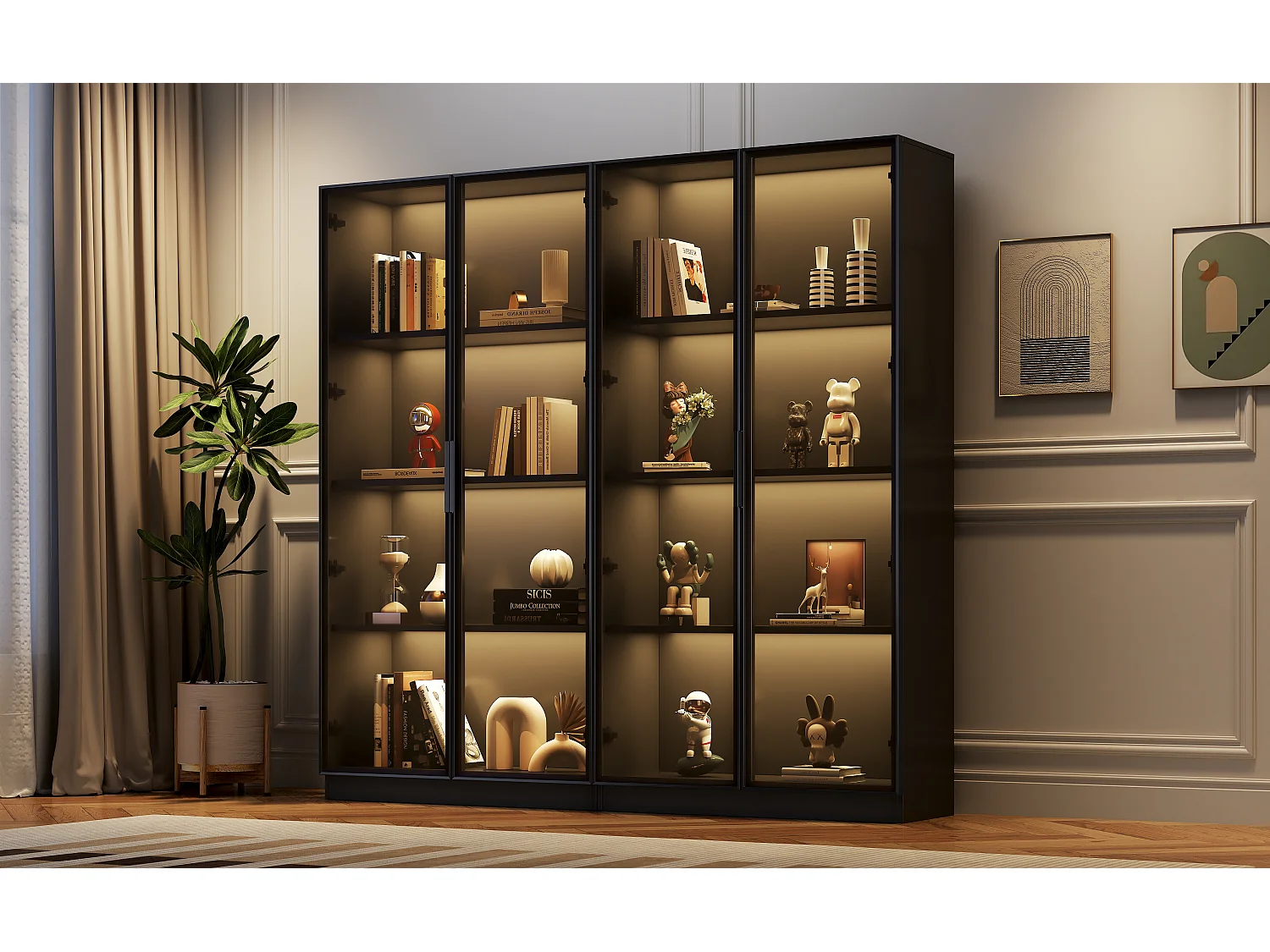 Vitrine en verre - 160 x 40 x 160 cm - avec Leds - rangement à 4 portes avec étagères mobiles - aggloméré - noir