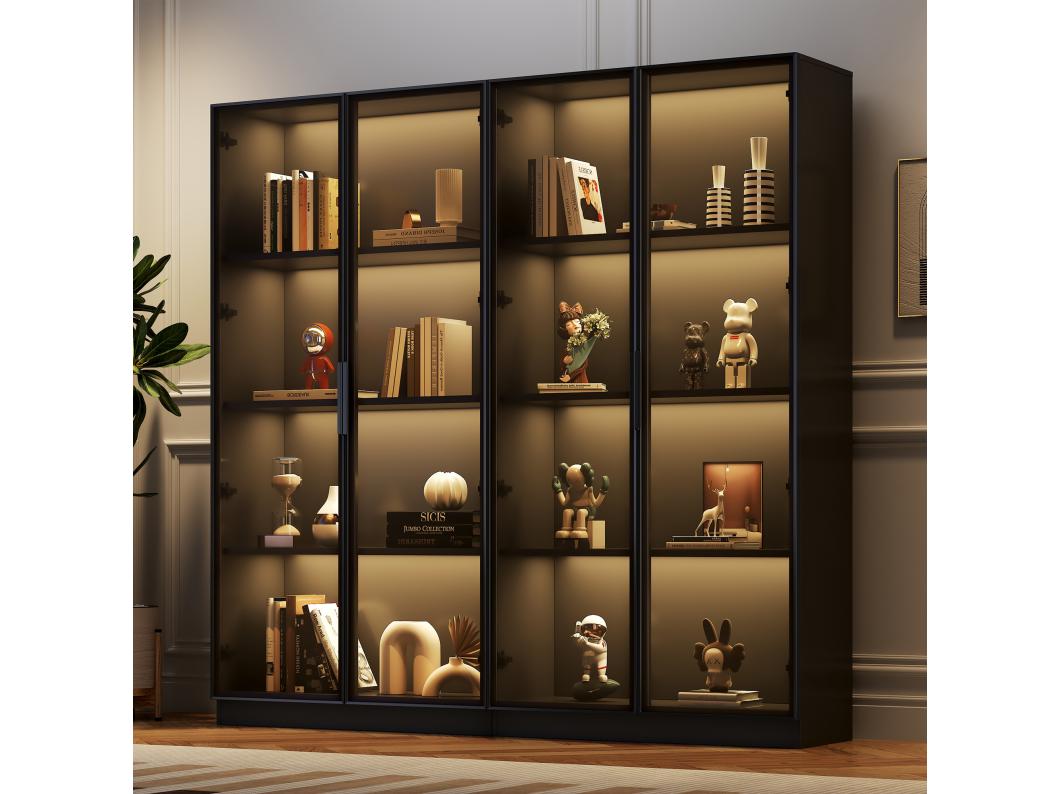 Vetrina in vetro - 160 x 40 x 160 cm - con LED - 4 ante con ripiani mobili - truciolato - nero