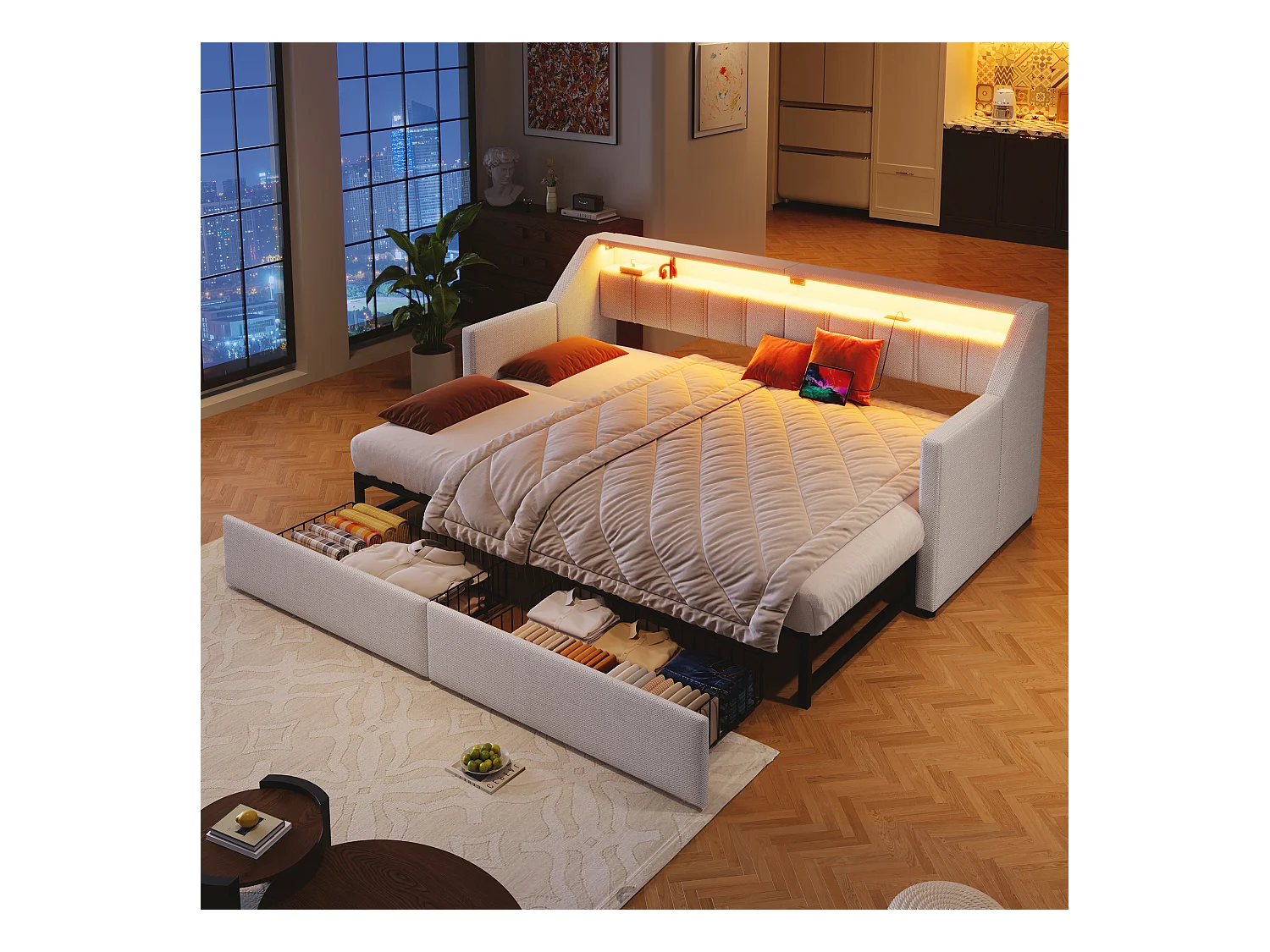Ausziehbares Schlafsofa - 90 x 200 cm - mit USB + Type-C + LEDs + 2 Schubladen - Leinen + MDF - Beige