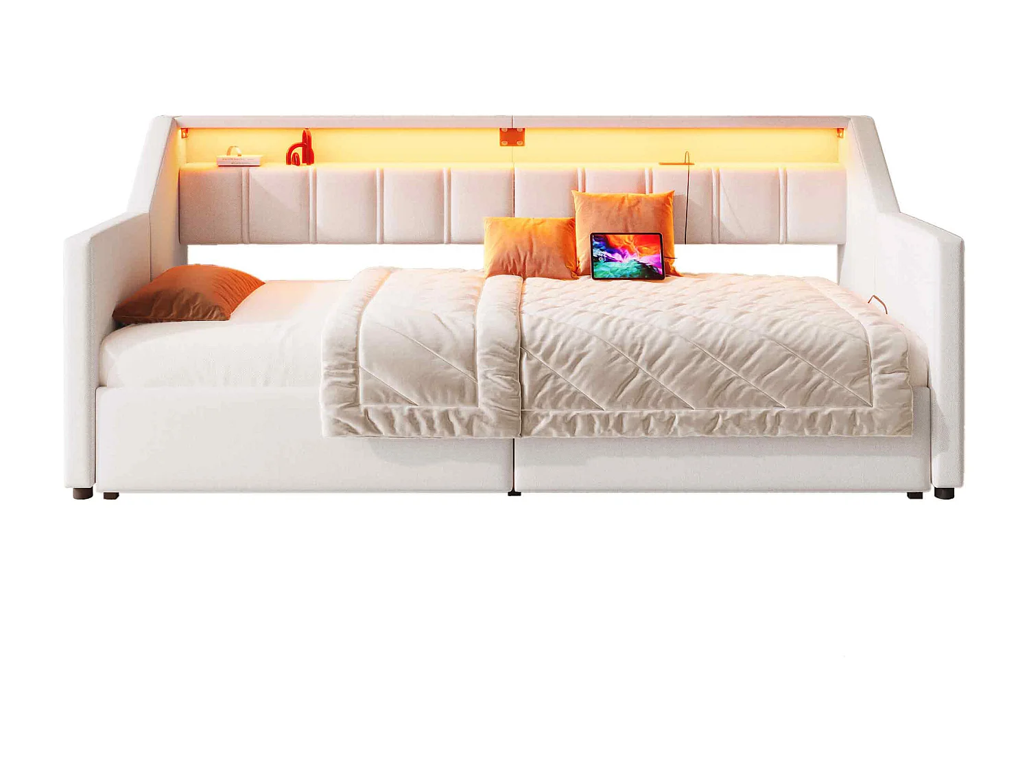 Canapé-lit gigogne - 90 x 200 cm - avec USB + Type-C + Leds + 2 tiroirs - lin + MDF - beige