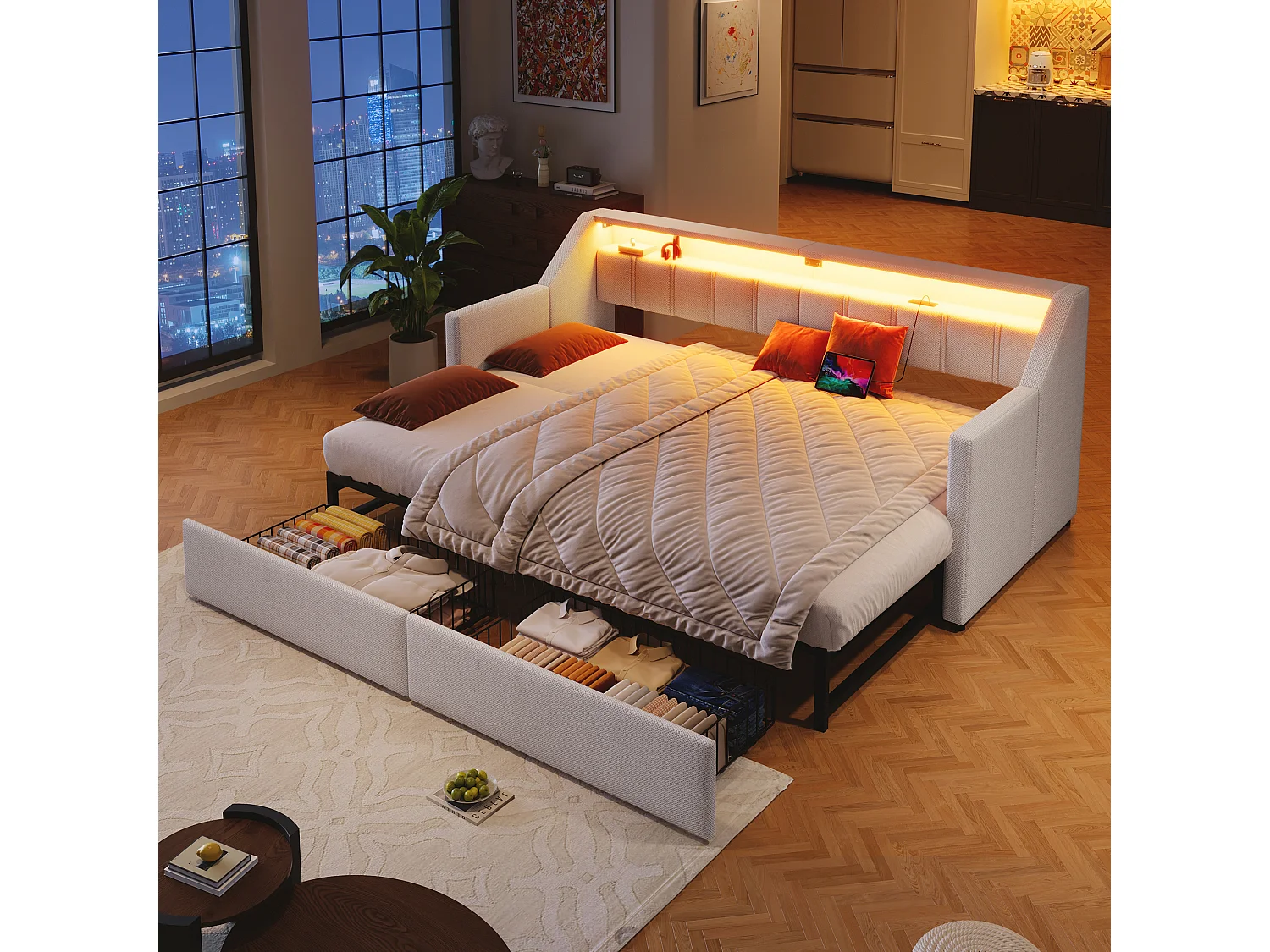 Ausziehbares Schlafsofa – 90 x 200 cm – mit USB-Anschluss, USB-C-Anschluss, LED-Beleuchtung und 2 Schubladen – Leinen und MDF – beige