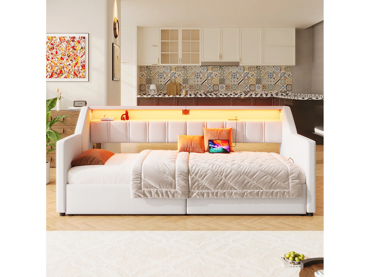 Ausziehbares Schlafsofa – 90 x 200 cm – mit USB-Anschluss, USB-C-Anschluss, LED-Beleuchtung und 2 Schubladen – Leinen und MDF – beige