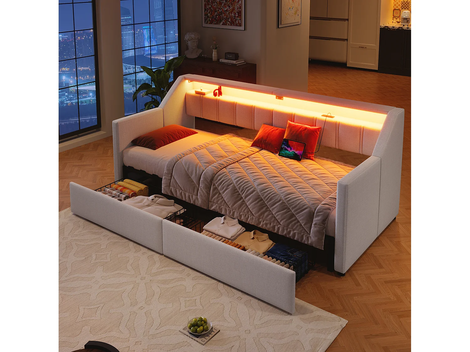 Ausziehbares Schlafsofa – 90 x 200 cm – mit USB-Anschluss, USB-C-Anschluss, LED-Beleuchtung und 2 Schubladen – Leinen und MDF – beige