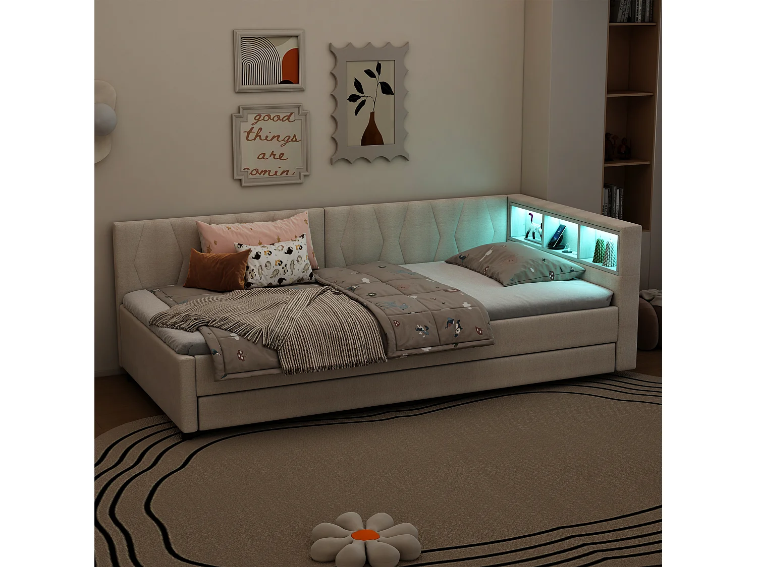 Canapé-lit enfant - 90 x 200 cm - rangements sur lit - avec USB + Leds - avec lit gigogne 90 x 190 cm - lin + MDF - beige