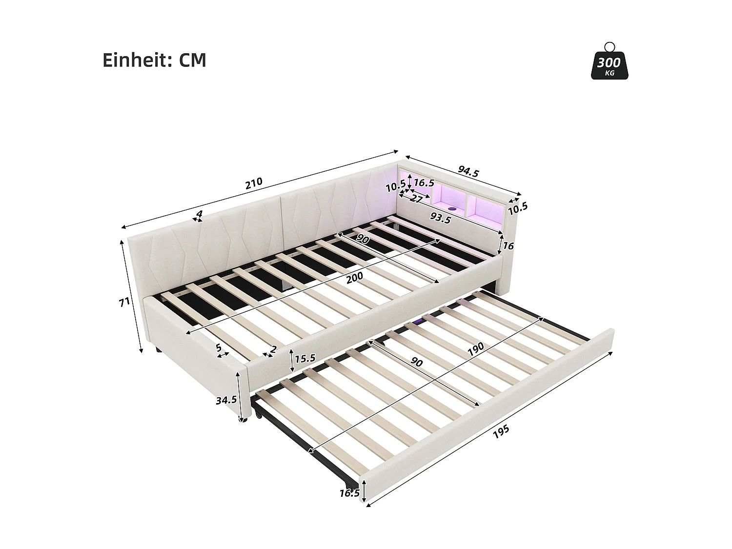 Kinderschlafsofa - 90 x 200 cm - Stauraum am Bett - mit USB + LEDs - mit Ausziehbett 90 x 190 cm - Leinen + MDF - Beige