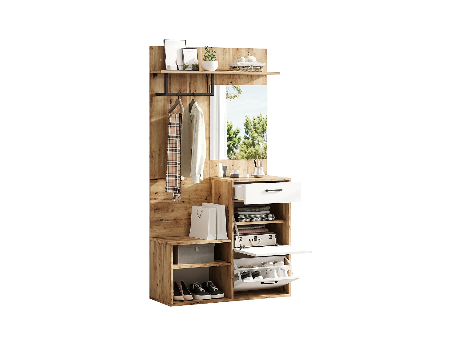 Vestiaire avec miroir - 100 x 38.5 x 190 cm - avec meuble à chaussures + 1 tiroir + 1 armoire - aggloméré - naturel