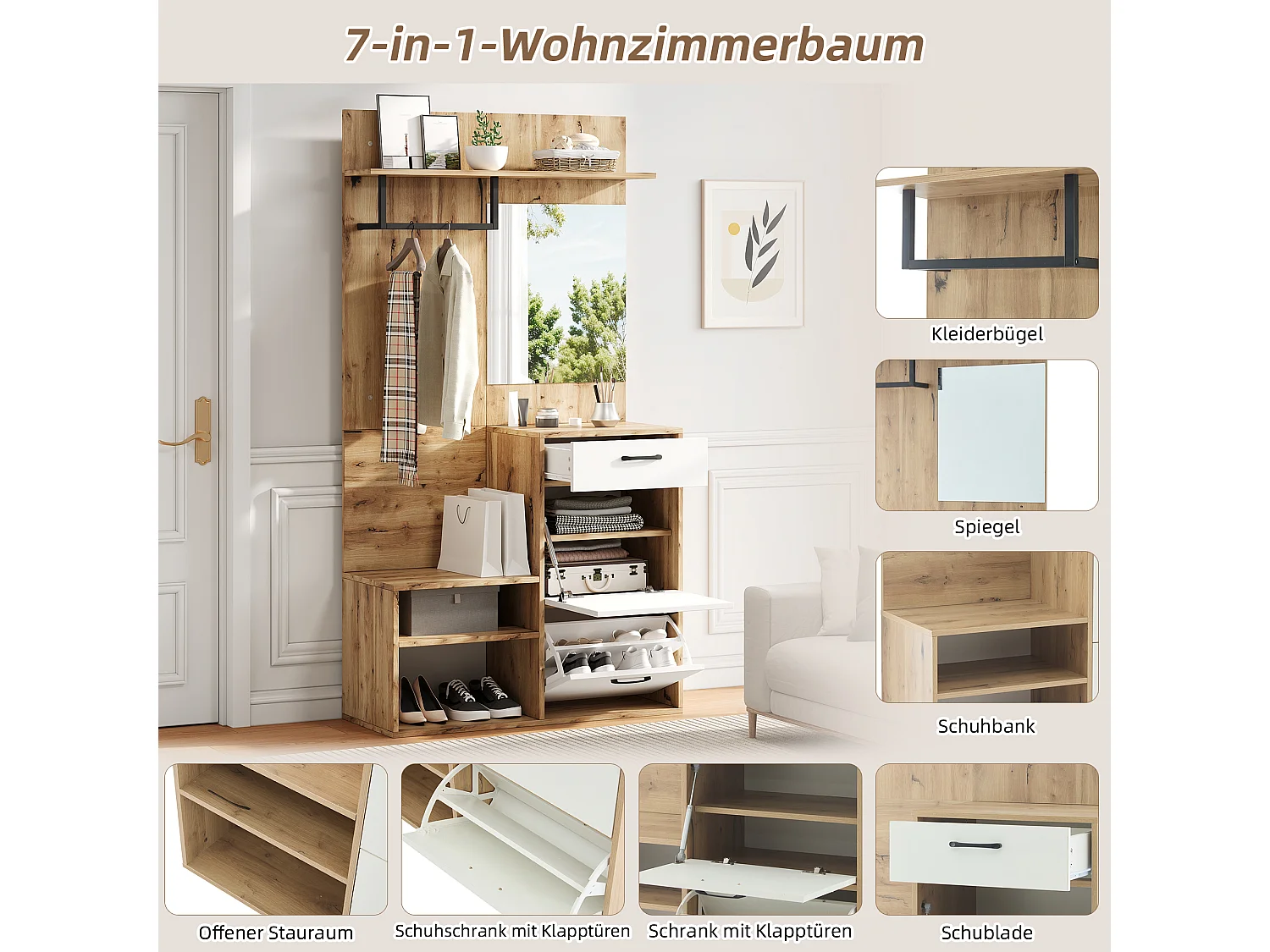 Vestiaire avec miroir - 100 x 38.5 x 190 cm - avec meuble à chaussures + 1 tiroir + 1 armoire - aggloméré - naturel