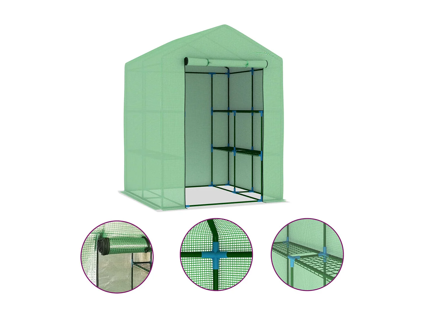 Tenda de estufa abrigo para plantas flores vegetais com prateleiras de aço 143 x 143 x 195 cm verde 02_0044648