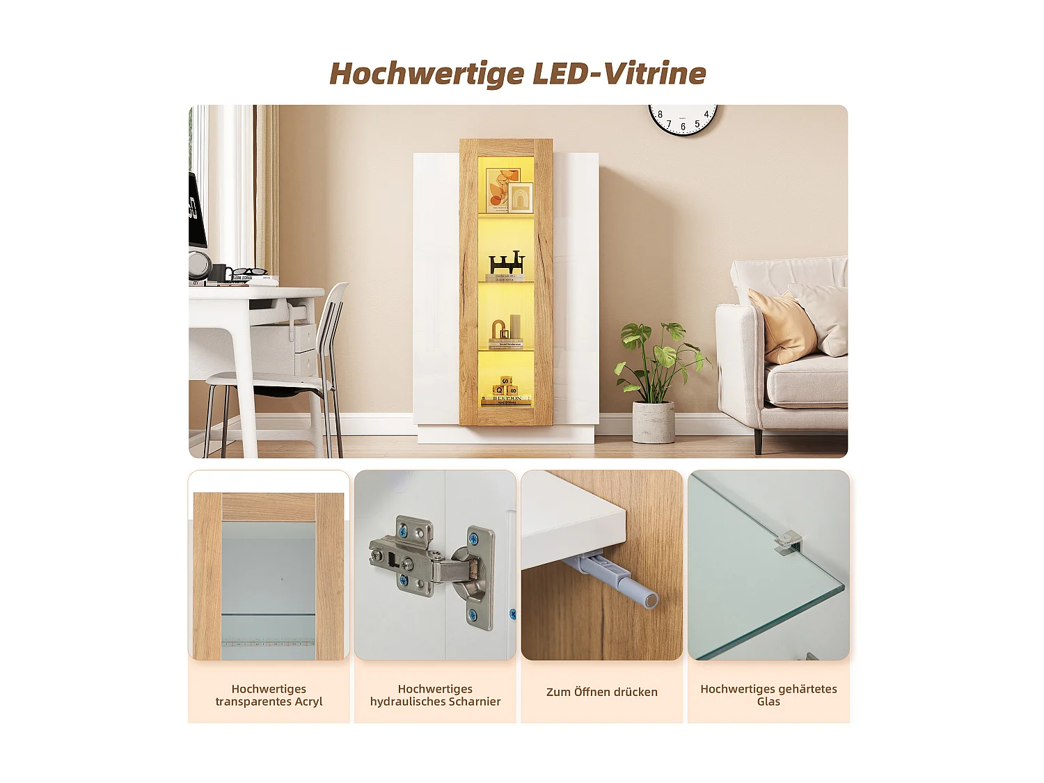 Vitrine brillante - 74 x 40 x 120 cm - avec 3 portes + Leds + étagères de rangements - Aggloméré + verre trempé - blanc