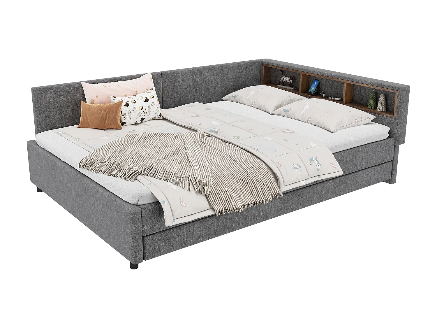 Canapé-lit enfant - 140 x 200 cm - rangements sur lit - avec USB + Leds - avec lit gigogne 90 x 190 cm - lin + MDF - gris