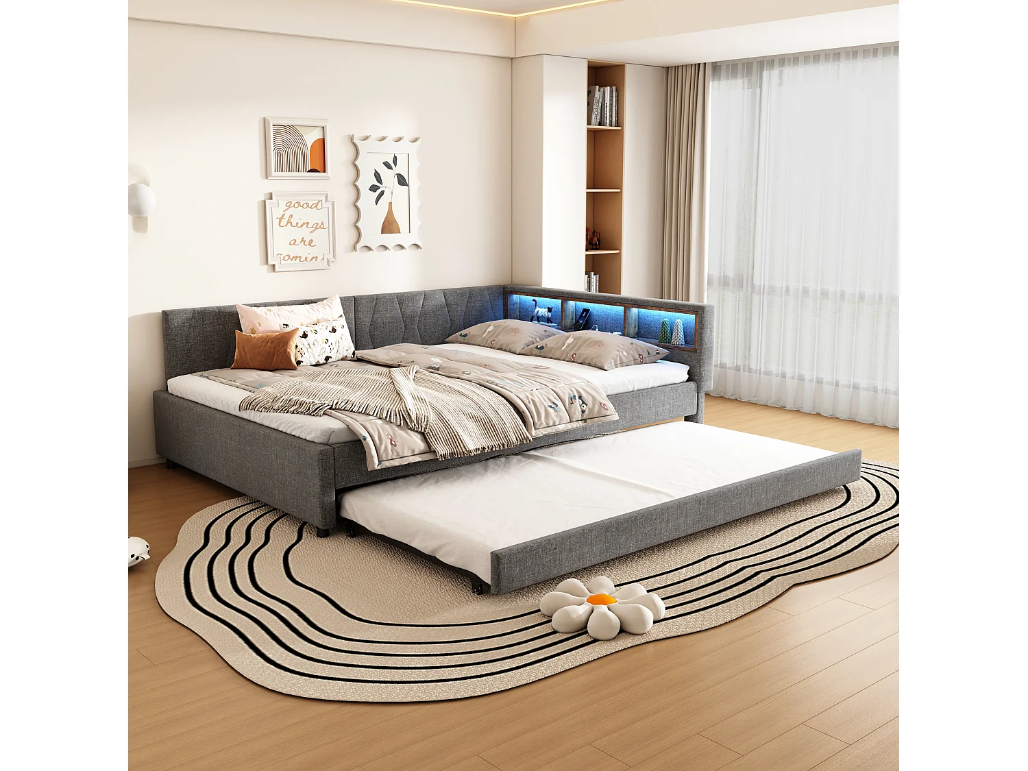 Canapé-lit enfant - 140 x 200 cm - rangements sur lit - avec USB + Leds - avec lit gigogne 90 x 190 cm - lin + MDF - gris