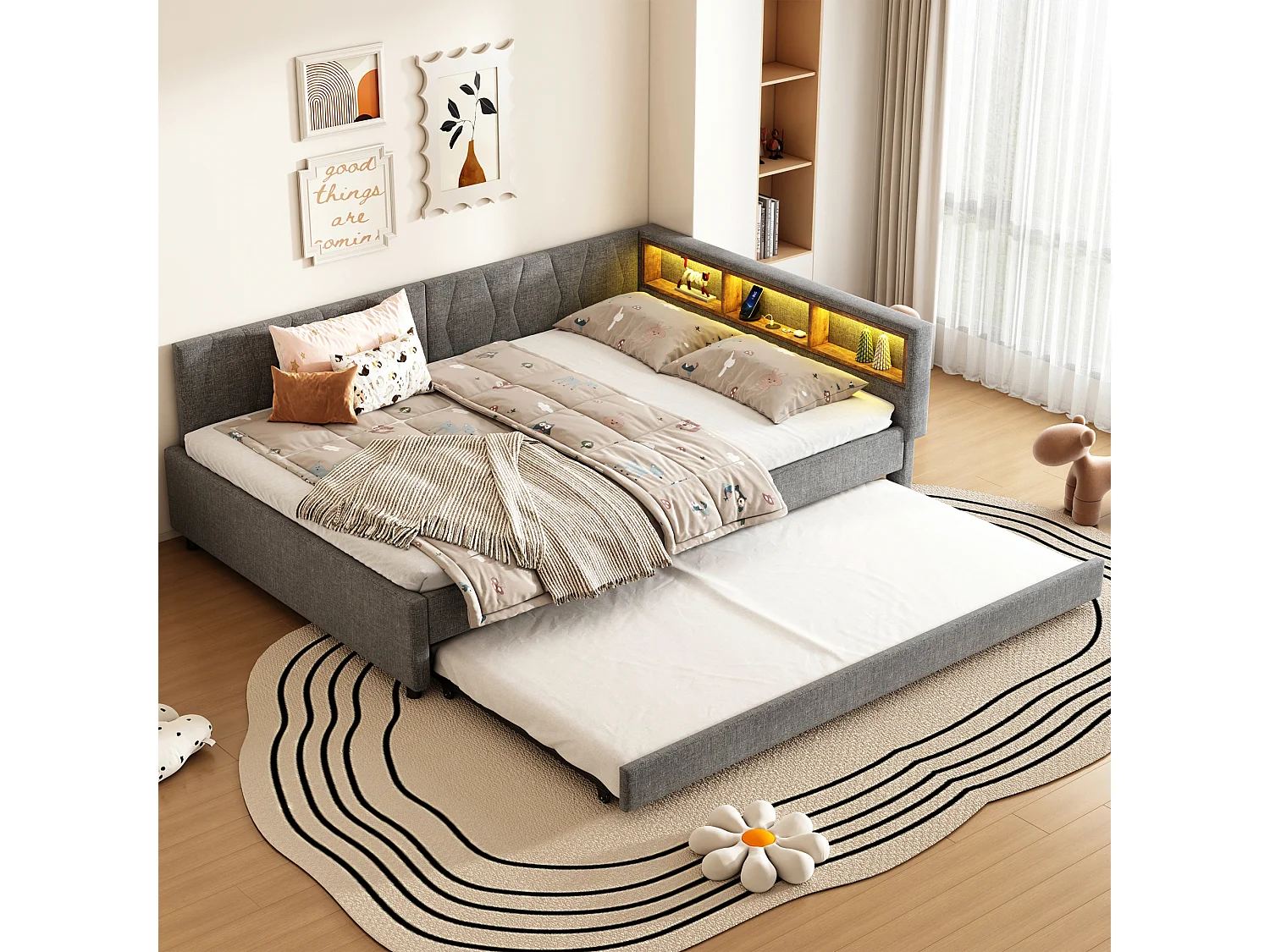 Canapé-lit enfant - 140 x 200 cm - rangements sur lit - avec USB + Leds - avec lit gigogne 90 x 190 cm - lin + MDF - gris