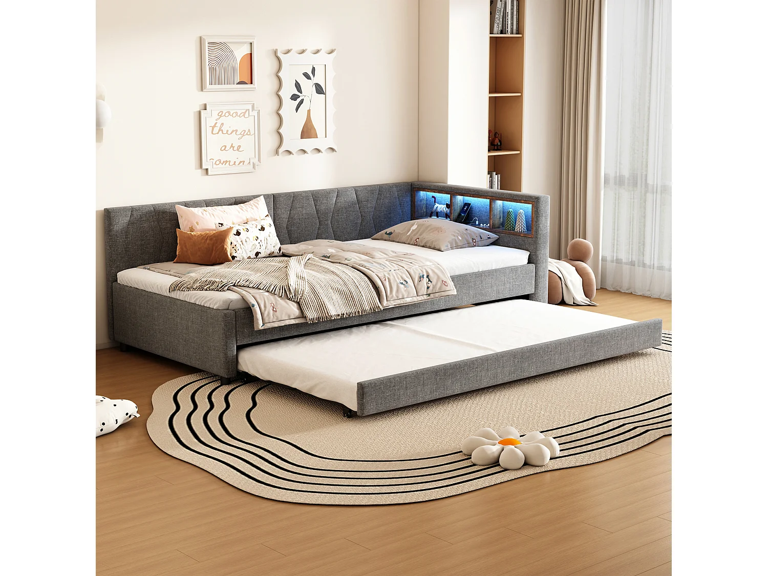 Canapé-lit enfant - 90 x 200 cm - rangements sur lit - avec USB + Leds - avec lit gigogne 90 x 190 cm - lin + MDF - gris