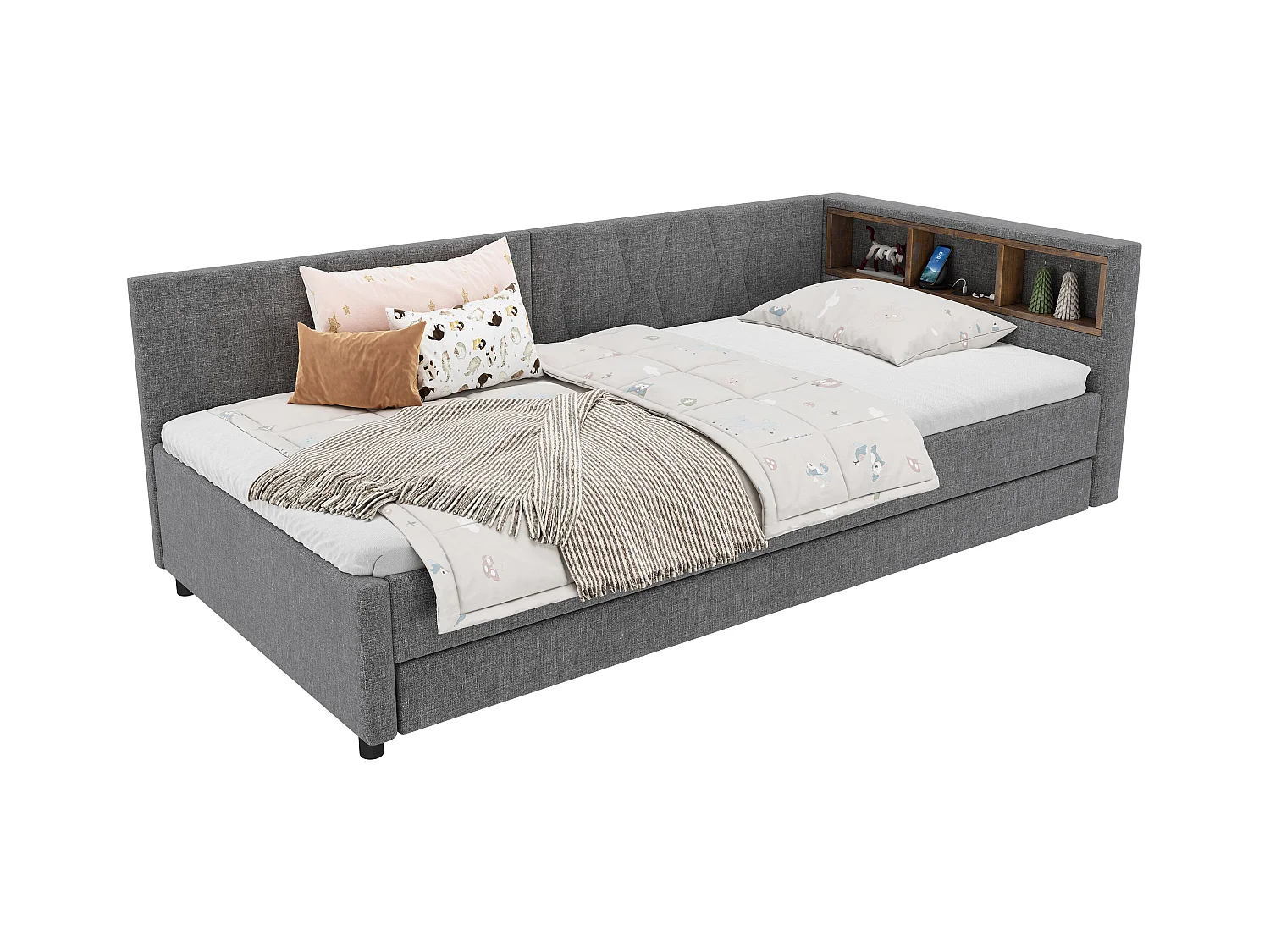 Canapé-lit enfant - 90 x 200 cm - rangements sur lit - avec USB + Leds - avec lit gigogne 90 x 190 cm - lin + MDF - gris