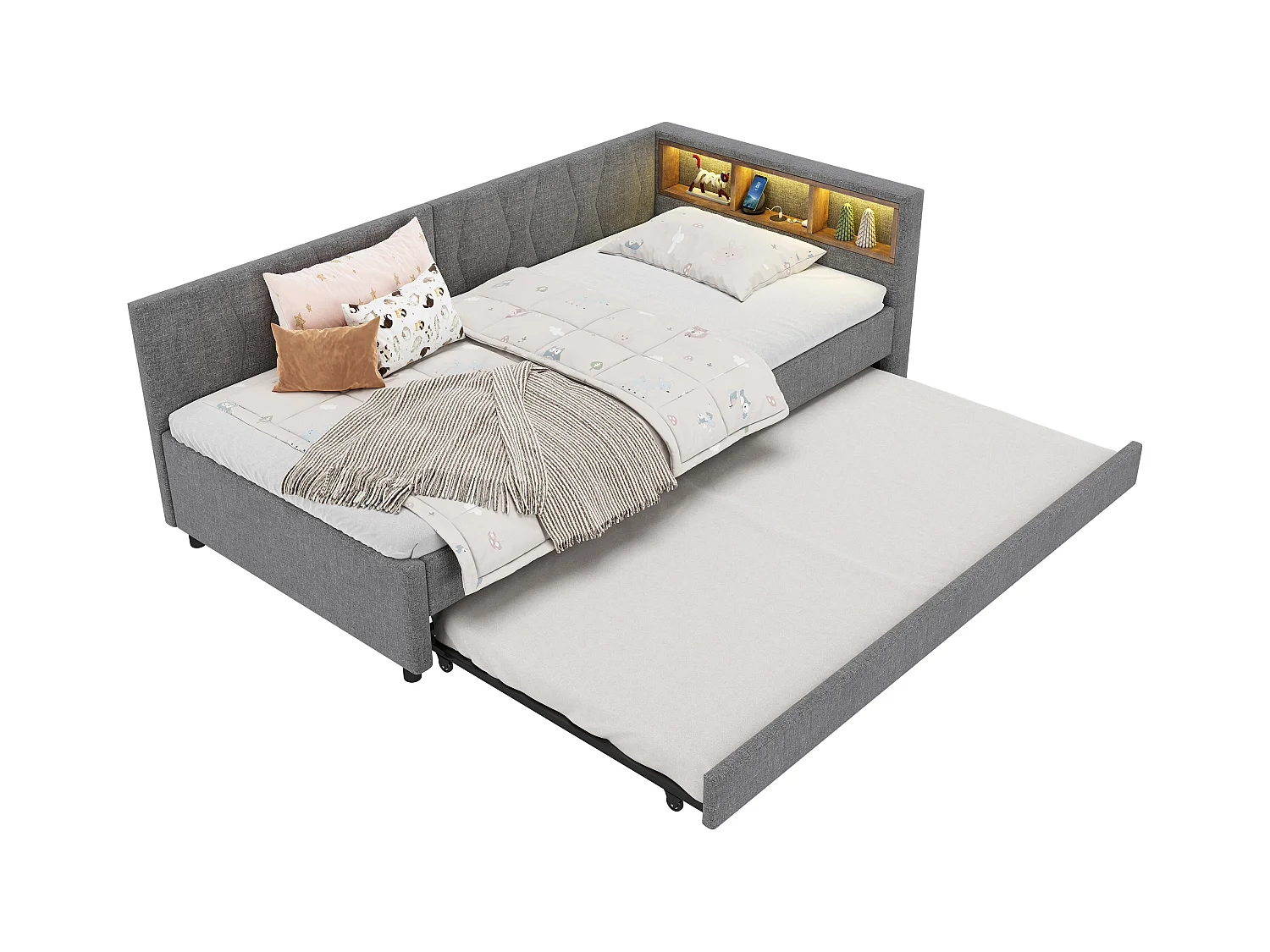 Canapé-lit enfant - 90 x 200 cm - rangements sur lit - avec USB + Leds - avec lit gigogne 90 x 190 cm - lin + MDF - gris