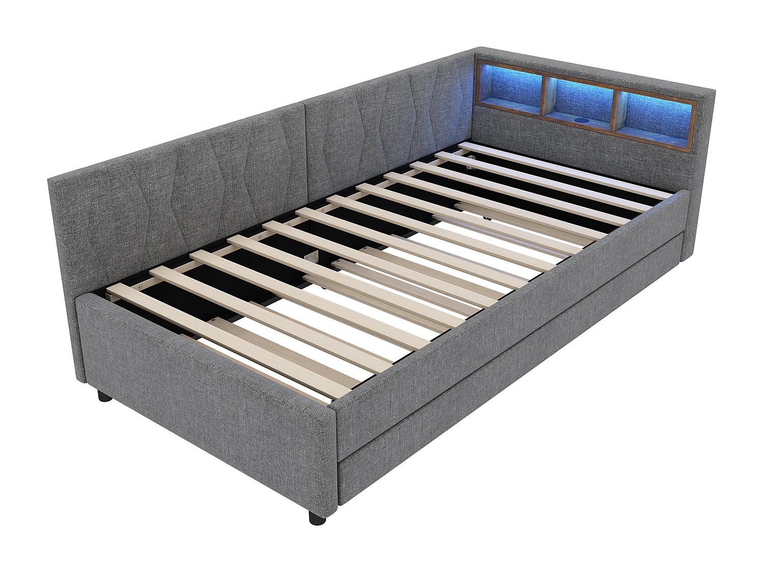 Canapé-lit enfant - 90 x 200 cm - rangements sur lit - avec USB + Leds - avec lit gigogne 90 x 190 cm - lin + MDF - gris