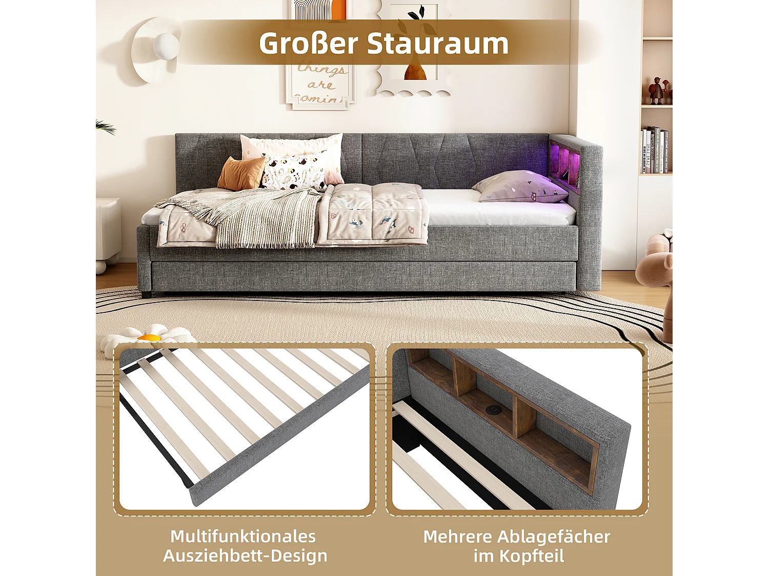 Kinderschlafsofa - 90 x 200 cm - Stauraum am Bett - mit USB + LEDs - mit Ausziehbett 90 x 190 cm - Leinen + MDF - Grau