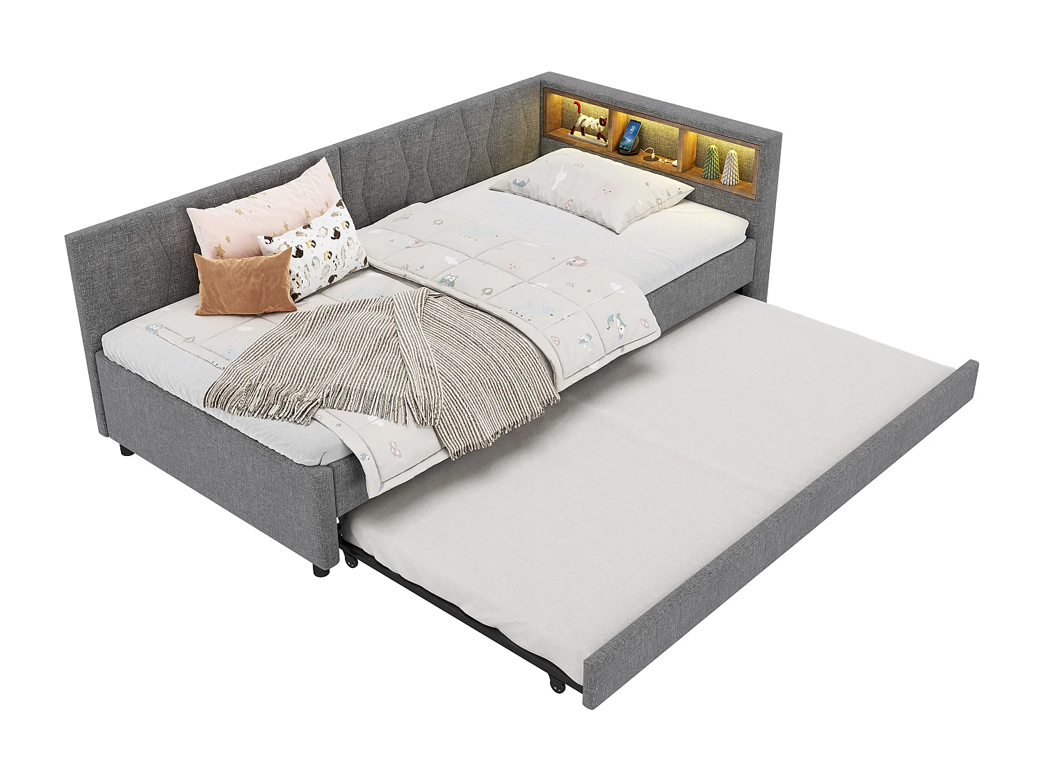 Kinderschlafsofa - 90 x 200 cm - Stauraum am Bett - mit USB + LEDs - mit Ausziehbett 90 x 190 cm - Leinen + MDF - Grau