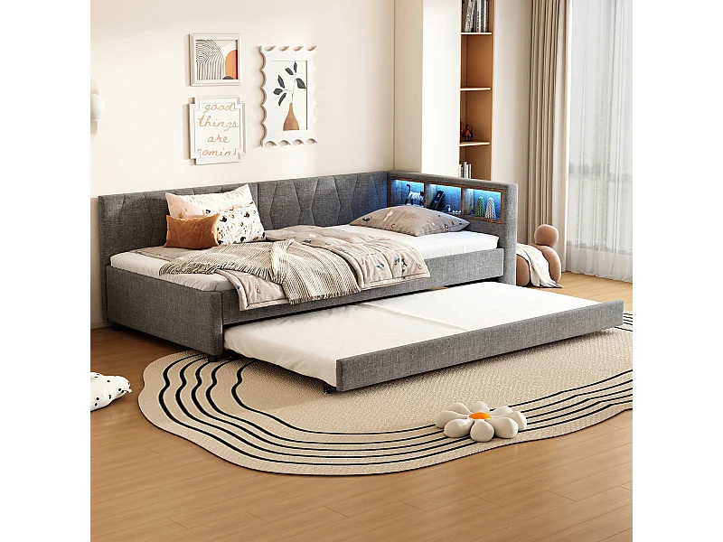 Kinderschlafsofa - 90 x 200 cm - Stauraum am Bett - mit USB + LEDs - mit Ausziehbett 90 x 190 cm - Leinen + MDF - Grau