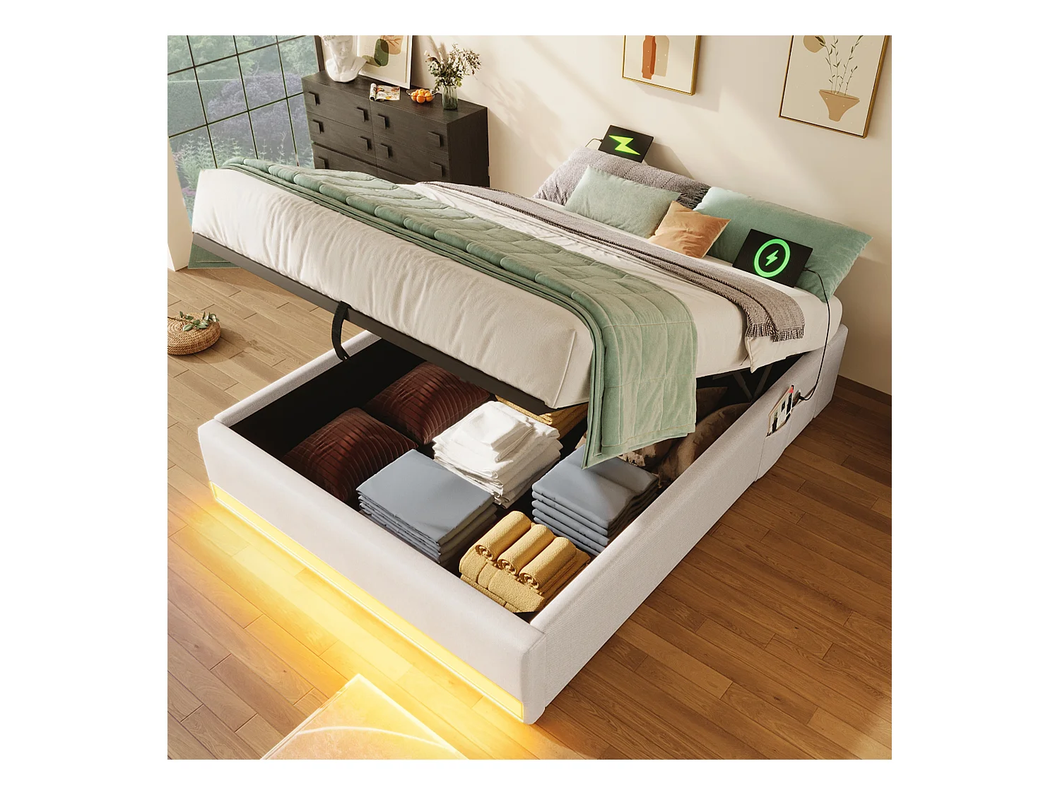 Lit coffre rembourré - 90 x 200 cm - avec Leds +  USB + Type-C - sans tête de lit - lin + MDF - beige