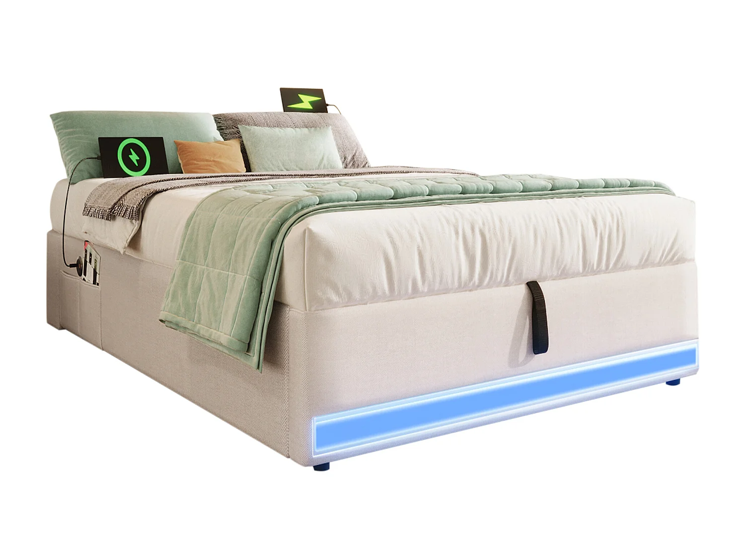 Polsterbett mit Stauraum - 90 x 200 cm - mit LEDs + USB + Type-C - ohne Kopfteil - Leinen + MDF - beige
