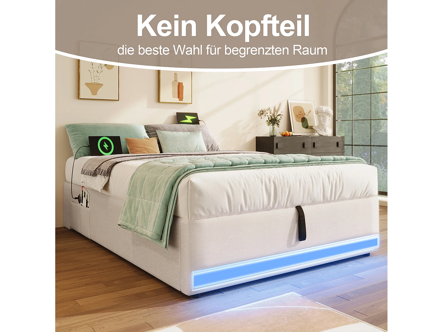 Lit coffre rembourré - 90 x 200 cm - avec Leds +  USB + Type-C - sans tête de lit - lin + MDF - beige