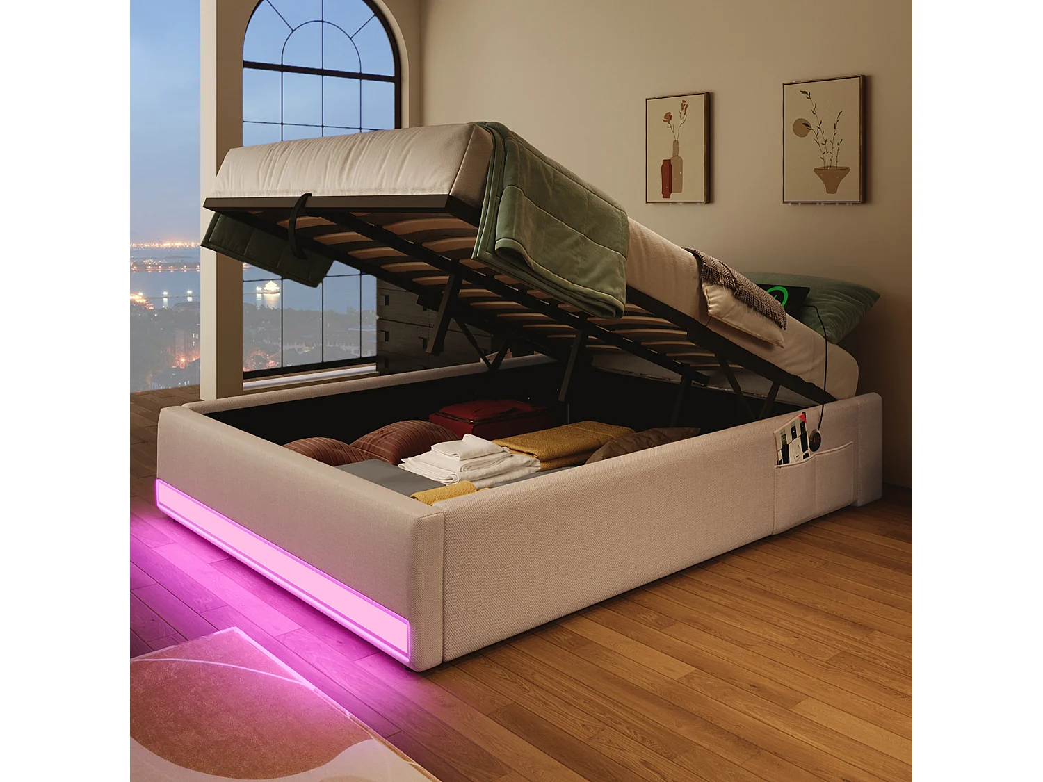 Lit coffre rembourré - 90 x 200 cm - avec Leds +  USB + Type-C - sans tête de lit - lin + MDF - beige
