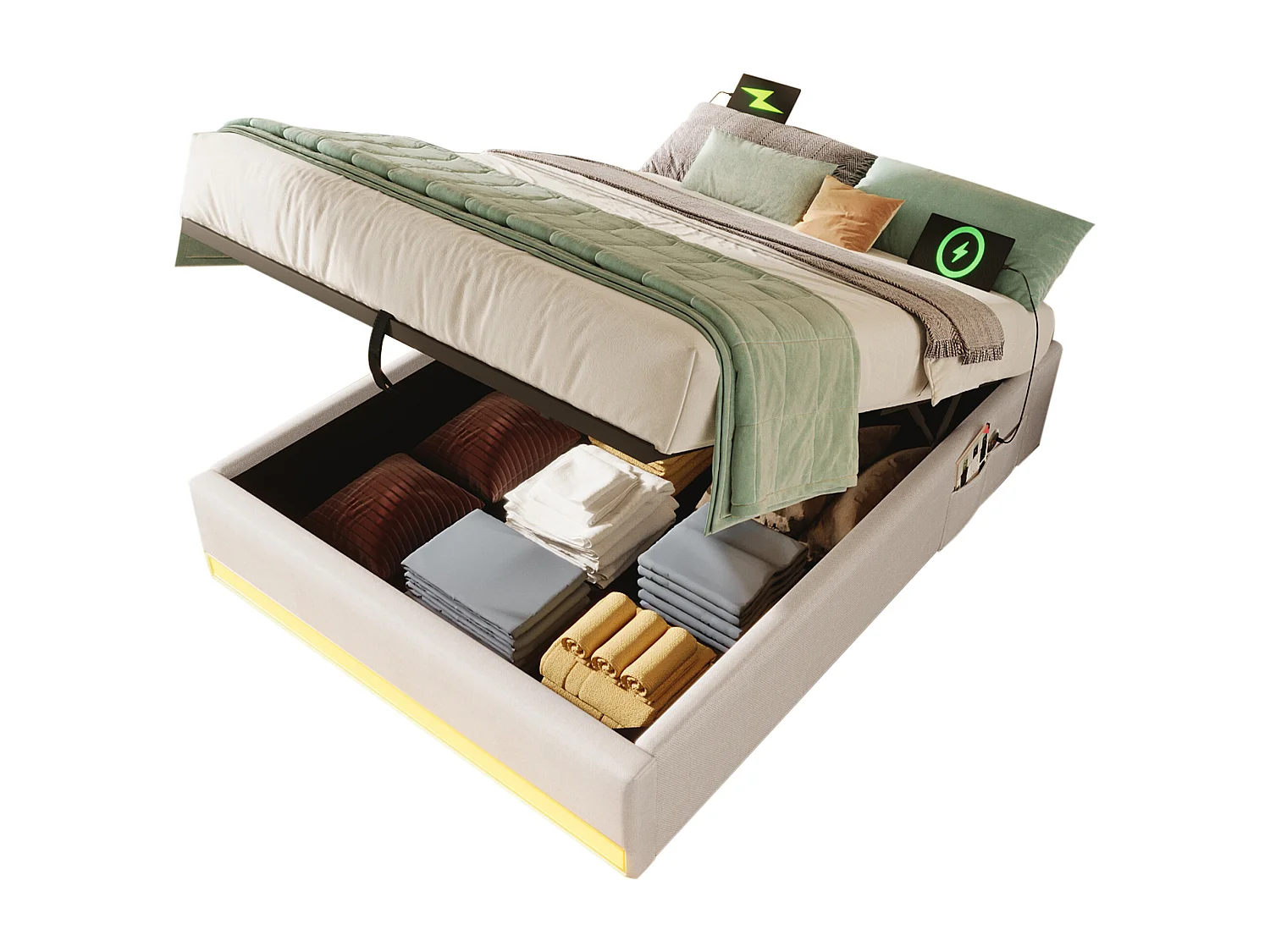 Lit coffre rembourré - 90 x 200 cm - avec Leds +  USB + Type-C - sans tête de lit - lin + MDF - beige