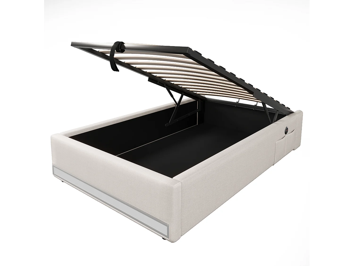 Lit coffre rembourré - 90 x 200 cm - avec Leds +  USB + Type-C - sans tête de lit - lin + MDF - beige