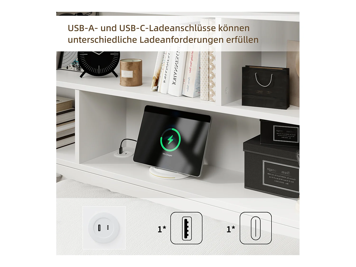 Lit coffre pour enfant - 140 x 200 cm - avec port USB + tête de lit avec rangement - MDF - blanc