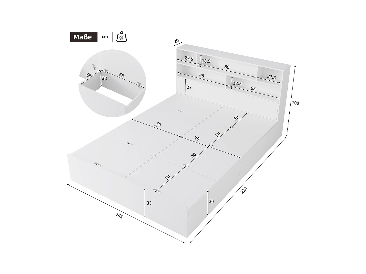 Lit coffre pour enfant - 140 x 200 cm - avec port USB + tête de lit avec rangement - MDF - blanc