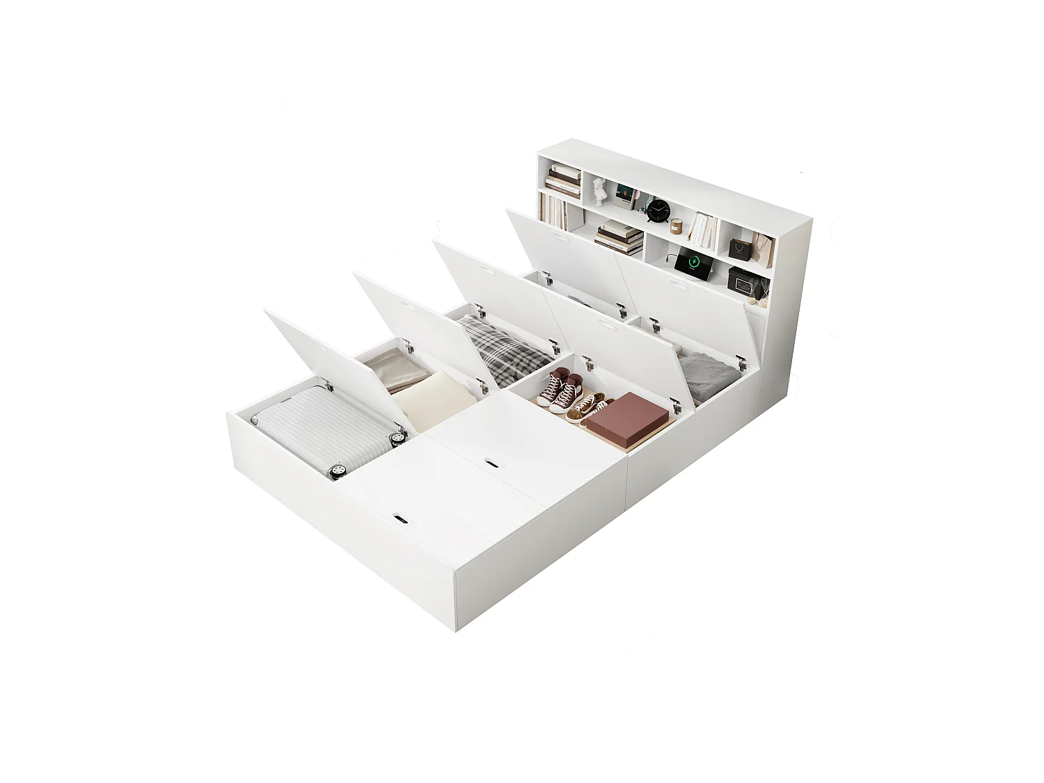 Lit coffre pour enfant - 140 x 200 cm - avec port USB + tête de lit avec rangement - MDF - blanc