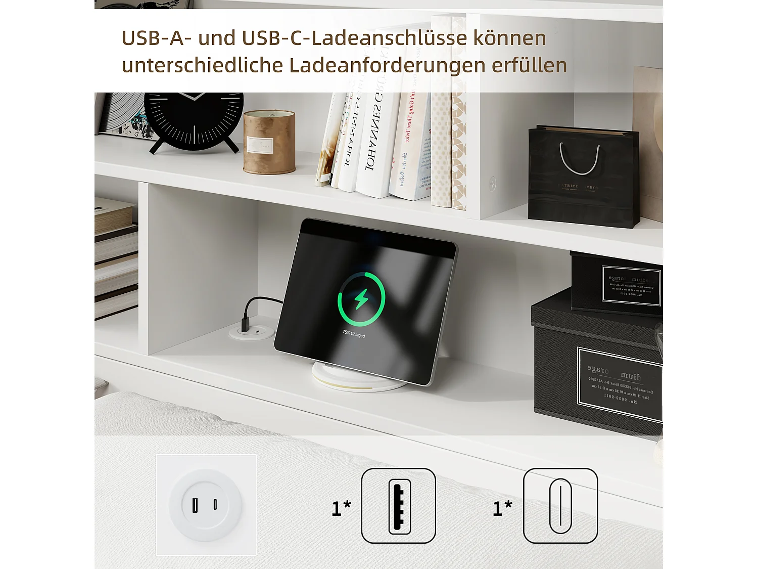 Kinderbett mit Stauraum – 140 x 200 cm – mit USB-Anschluss und Kopfteil mit Stauraum – MDF – weiß